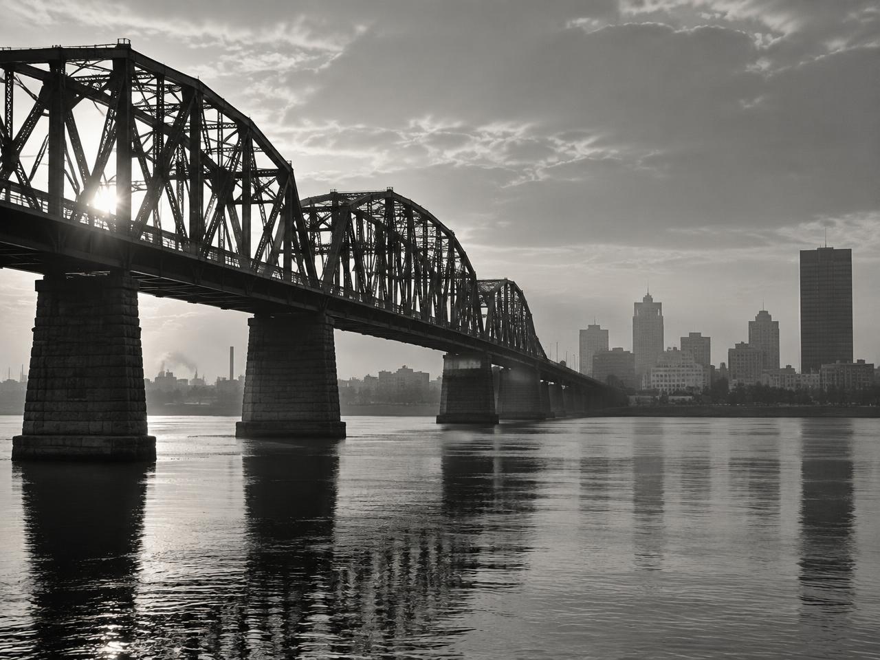 A steel truss bridge crosses the Maumee River toward the Toledo skyline.