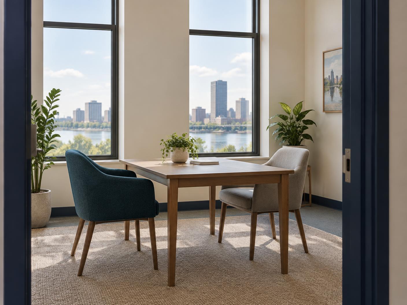 An empty, daylight-filled room with two chairs across a table.